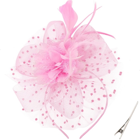 Pink fascinator hat headband head piece flower feather derby clip net - Picture 6 of 11